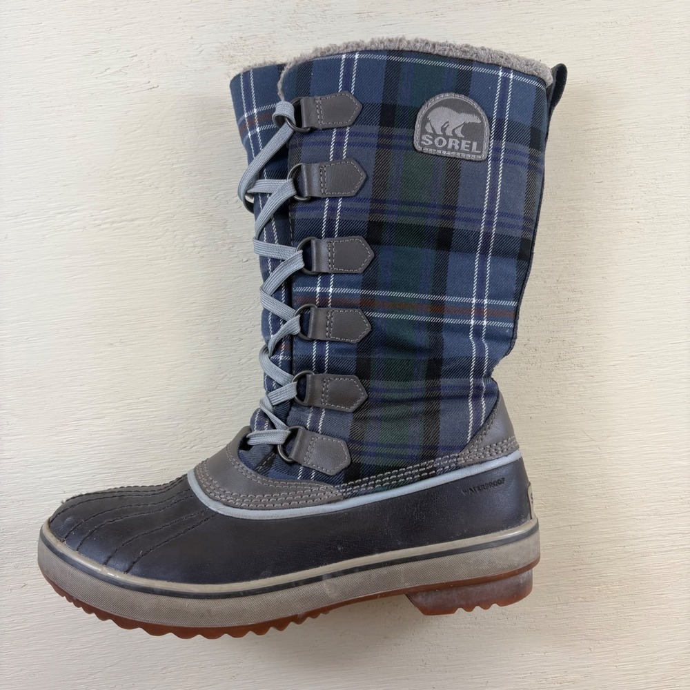 Sorel Trivoli Women's 7.5 Blue Plaid Fleece Lined Waterproof Winter Snow Boots